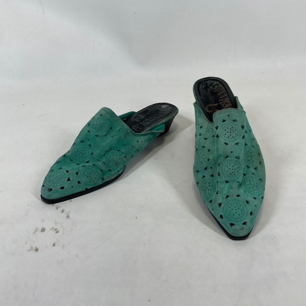 Sam & Libby Vintage Teal Green Suede Perforated Pointed Toe Mules Size 8.5 B
